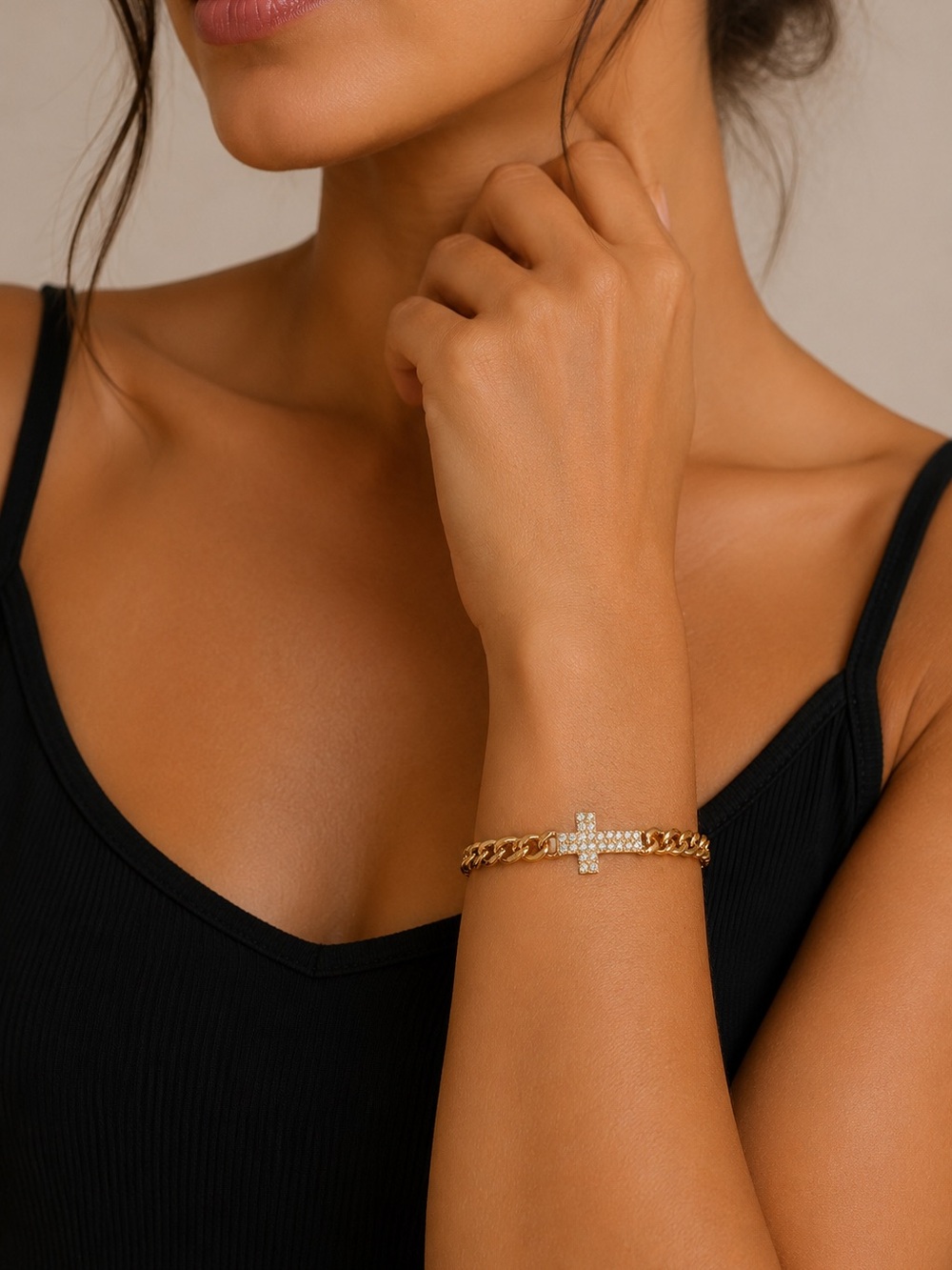 Gold Cubic Zirconia Cross Chain Bracelet - Women Jewelry
